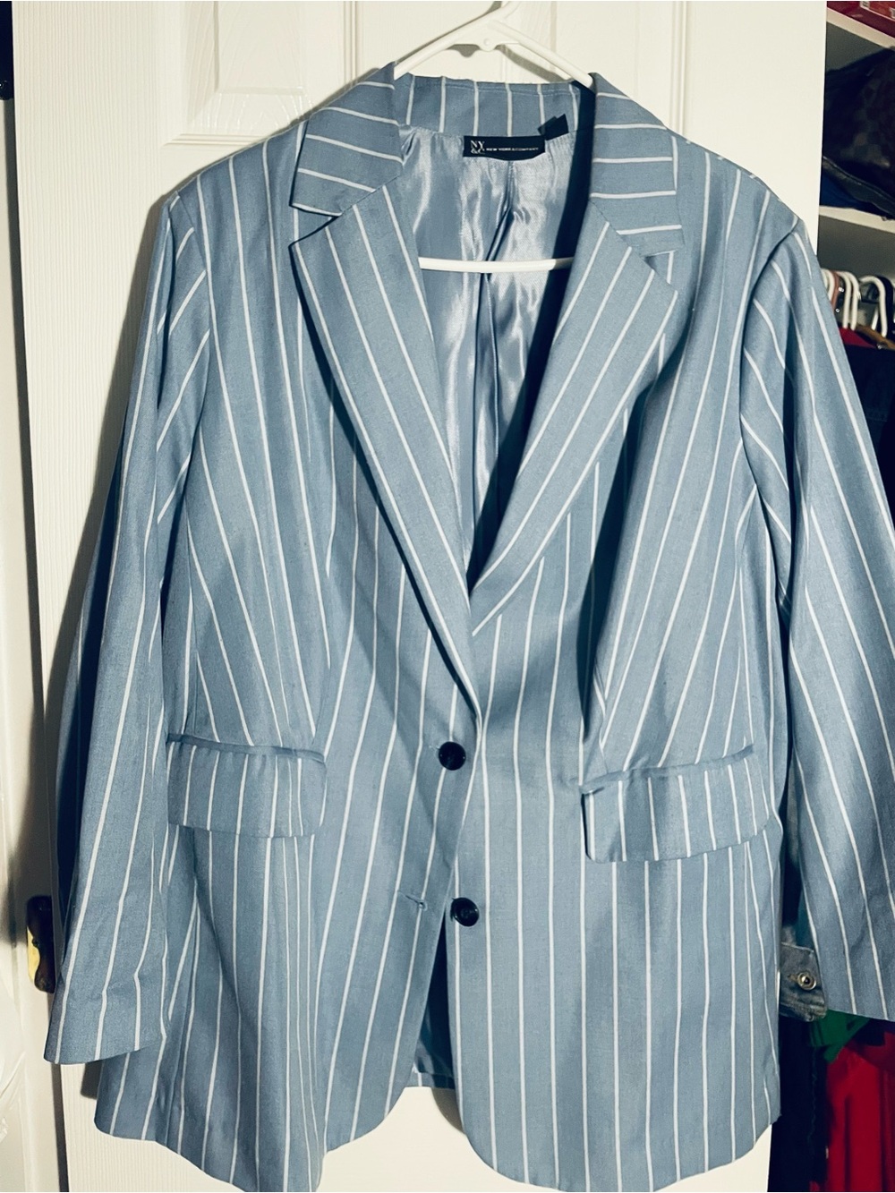 New York & Company Sky Blue Pinstripe Pant Suit - Picture 3 of 9